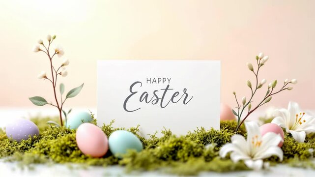 Camera orbits around "Happy Easter" minimalistic greeting card in elegant calligraphy on a soft bed of moss, surrounded by a colorful decorated Easter eggs and delicate white lilies.
