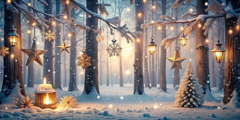 Winter forest scene with wooden festive decorations illuminated by soft lantern light and snowflakes gently falling around trees , forest, lanterns