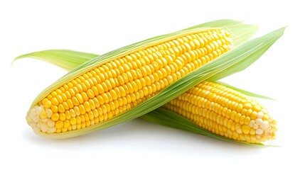 Close-up image of a vitamin-rich corn representing raw produce cultivated through organic farming, isolated on a pure white background with visible greenery and edible plants, reflecting a clean 