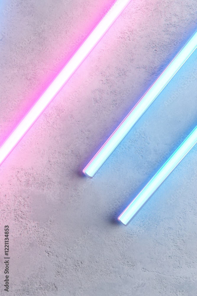 Poster sleek metallic panels intersected by vibrant blue and pink neon light stripes create a modern and dy