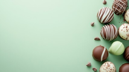 Fototapeta premium Assorted chocolate truffles on green background