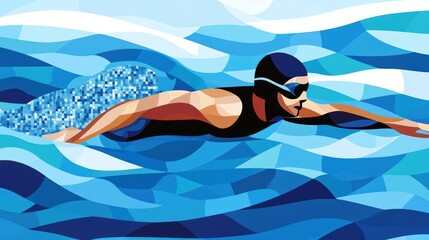 Abstract Swimmer In Blue Water Geometric Style