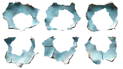 Cracked Wall Texture: This image showcases six unique, irregular holes or breaches in a cracked wall, revealing the surface beneath in a symmetrical arrangement.