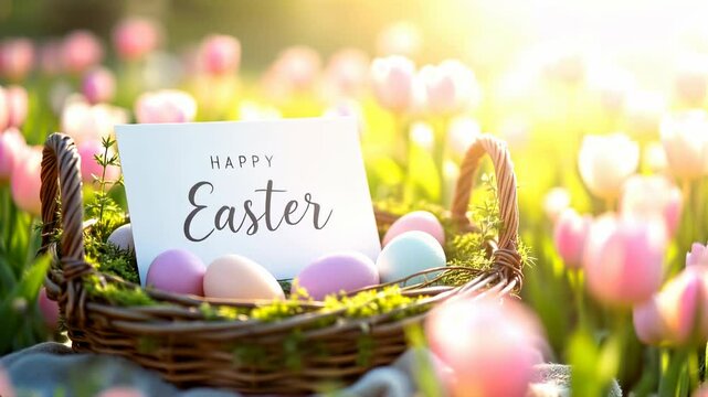 Camera orbits around "Happy Easter" minimalistic greeting card in elegant calligraphy on a soft bed of moss in basket, surrounded by a colorful decorated Easter eggs in tulip field.