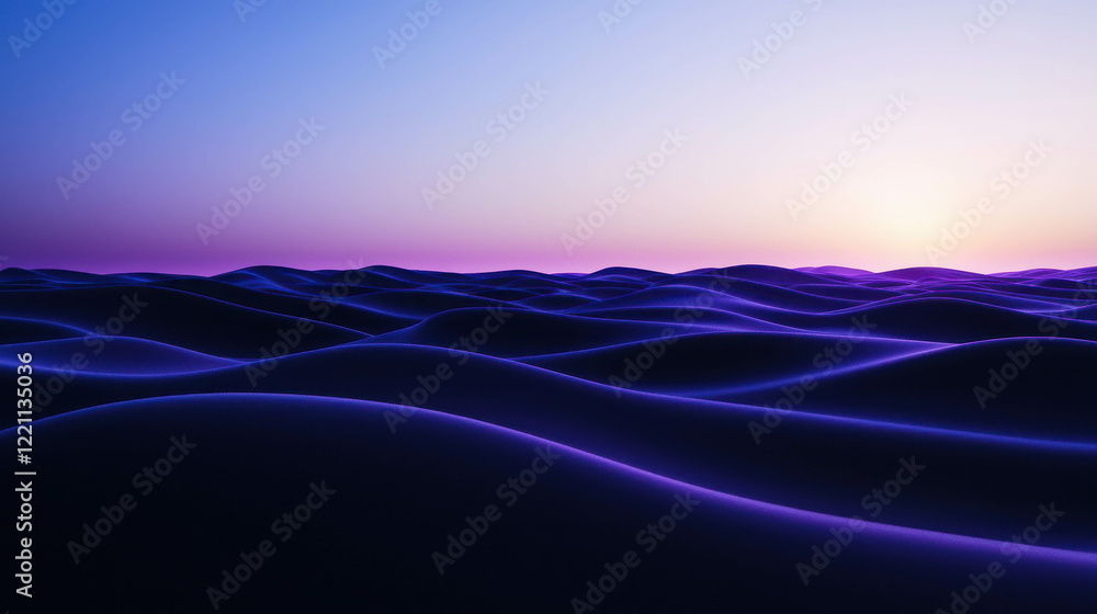 Poster digital dunes in a vast desert of data with soft shifting shadows at dusk