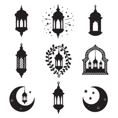 Lantern black and white silhouette illustration Islamic lantern light vector silhouette, Ramadan Islamic lanterns vector illustration Lantern Icon, Black and White, Traditional Lighting Design Islamic