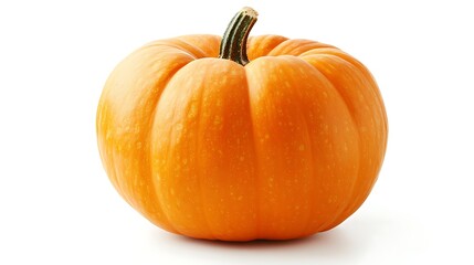 Obraz premium Close-up image of a vitamin-rich pumpkin representing raw produce cultivated through organic farming, isolated on a pure white background with visible greenery and edible plants, reflecting 