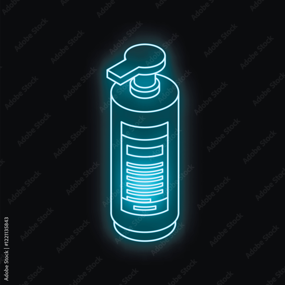 Wall mural Glowing blue neon cosmetic product dispenser on a dark background, representing beauty, hygiene, and skincare