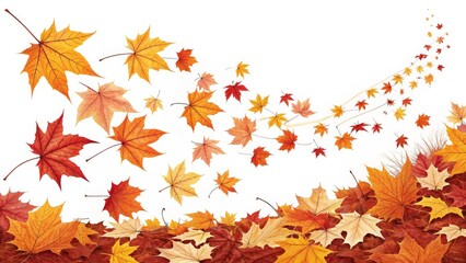 Autumn Maple Leaves Whimsical Composition of Falling and Ground Leaves, Digital Art, Fall, Nature, White Background Autumn, Fall foliage