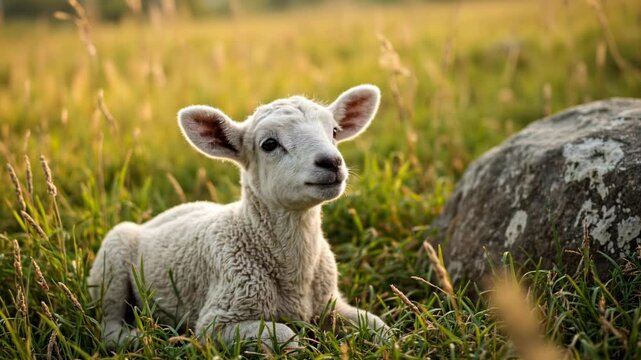 Close-up of little lamb looking at camera sitting in a field of tall grass near large rock. Symbol of Jesus Christ