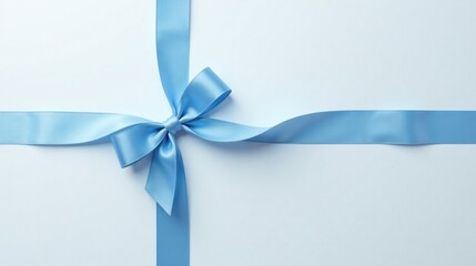Elegant light blue satin ribbon tied in a classic bow on a smooth background, perfect for festive design elements