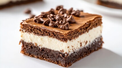 Delectable layered brownie with chocolate chips on top