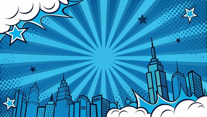 Blue Cityscape Pop Art Composition Radiating Lines, Comic Book Style, Urban Skyline, New York City Pop Art, Comic Book Background