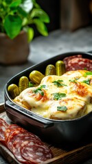 Indulgent rustic swiss raclette with melted cheese and cured meats cozy kitchen setting gourmet food experience