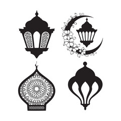 Lantern black and white silhouette illustration Islamic lantern light vector silhouette, Ramadan Islamic lanterns vector illustration Lantern Icon, Black and White, Traditional Lighting Design Islamic
