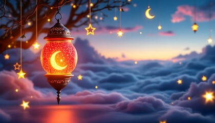 Obraz premium 3D rendering of a Ramadan lantern decoration with a glowing red light, golden crescent moon, hanging stars, dark blue sky, and soft illuminated clouds, creating a serene and festive atmosphere.