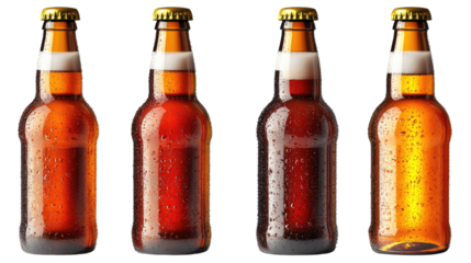 Four Cold Beer Bottles: Four amber beer bottles with condensation, showcasing different lighting and levels of condensation. Perfect for advertising or editorial use.