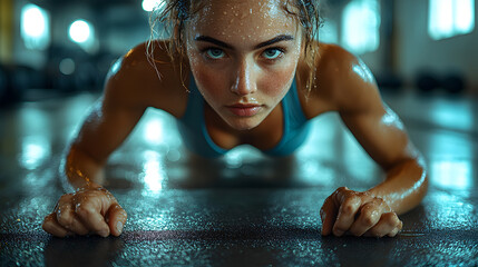 Fototapeta premium A detailed photography of a fitness model working out in a gym, with dynamic lighting highlighting the movement and athletic form.