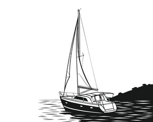 A vintage-style line drawing of a sailboat gracefully gliding on tranquil water.