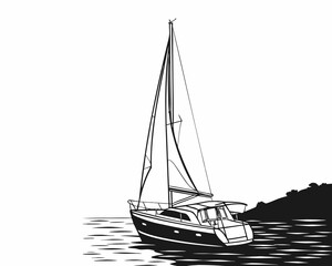 A vintage-style line drawing of a sailboat gracefully gliding on tranquil water.