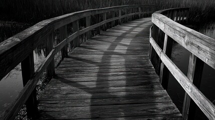 Obraz premium Wooden Boardwalk Curves Over Water Through Reeds