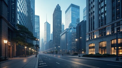 Fototapeta premium Empty City Street at Dawn Skyscrapers, Long Exposure, Urban Landscape, Night Photography Cityscape, Urban Photography