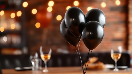 Naklejka premium This image features a cluster of black balloons artistically arranged on a wooden table, creating an elegant atmosphere suitable for celebration or partying.