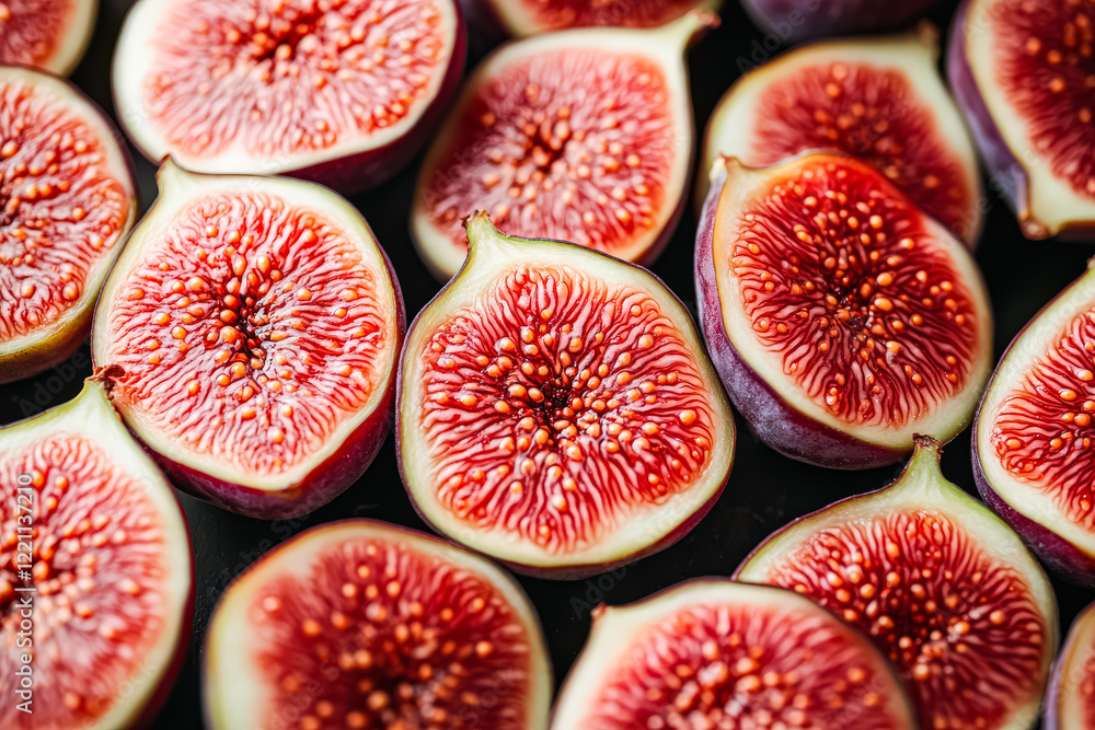 Poster close up of many red figs. the figs are sliced in half and arranged in a row