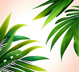 Obraz premium Tropical background. Palm leaves. No palm trees, shadow cast on white wall. Generative AI.