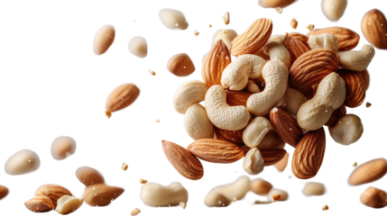 Cashew and Almond Shower: A dynamic and vibrant image of cashews and almonds showering down, capturing the essence of fresh, healthy snacking.