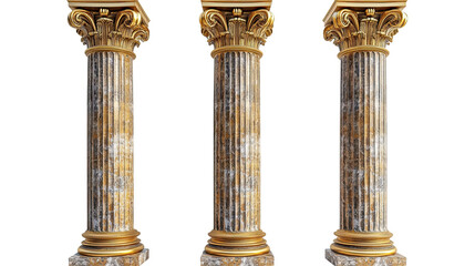 Naklejka premium Golden Pillars of Strength: Three majestic, intricately carved, golden pillars stand tall and proud, embodying resilience, authority, and timeless beauty.