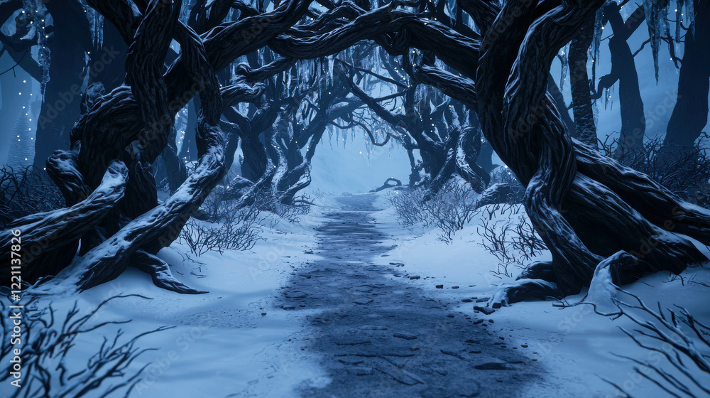 Poster enchanted forest in winter with snow-covered twisted trees and a mysterious pathway
