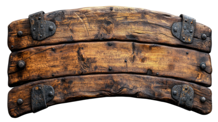 Rustic Wooden Signboard:  A weathered, curved wooden signboard with three planks, secured by dark metal brackets and rivets. Perfect for adding a vintage or rustic feel to your designs.