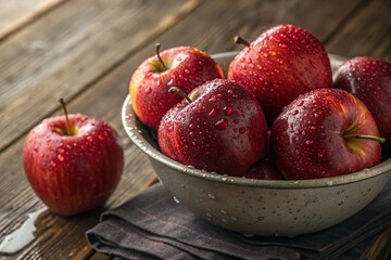 A bowl full of freshly washed wet red apples