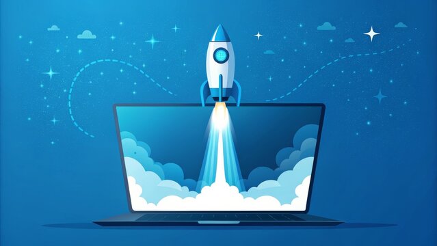 Laptop Rocket Launch Blue Space Background, Startup Concept, Vector Illustration, Digital, Online Startups, Business