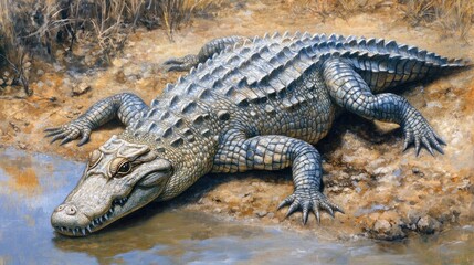 Obraz premium Large Alligator Resting Near Water Edge