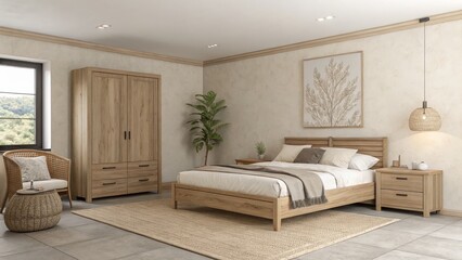 Modern Bedroom Interior Design Wooden Bed, Wardrobe and Rug, Beige Palette, Minimalist Decor, Bedroom Furniture Bedroom Decor, Interior Design