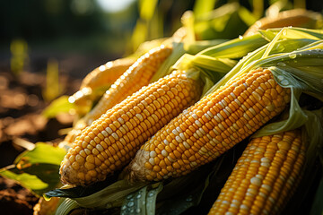 Bunch of corn is sitting on a leaf. The corn is yellow and has a green leaf on top of it