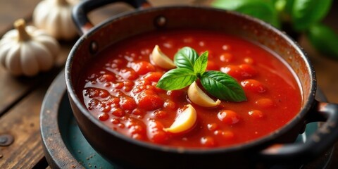Aromatic Homemade Tomato Soup with Garlic and Basil Garnish in Rustic Bowl