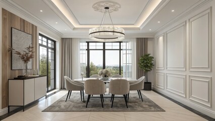 Modern Classic Dining Room Interior Design 3D Rendering, Grey and Beige Palette, Elegant Chandelier, Paneling Walls, Interior Decor, dining room design Interior design, 3D rendering