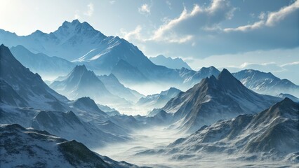 Obraz premium Misty Mountain Range Digital Painting, Blue Hues, Epic Landscape, Snow-Capped Peaks Mountains, Landscape