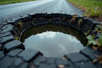 A small roadside depression filled with rainwater reflects the sky, framed by dark stones and small plants
