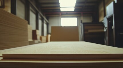 Fototapeta premium Plywood sheets stacked in a warehouse setting