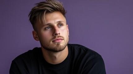 Obraz premium Young Man With Stylish Hair Posing Against Purple Background