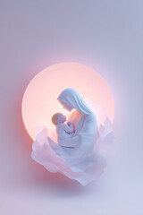A glowing silhouette depicts a mother lovingly cradling her baby. Soft pink and blue hues surround them, creating a gentle, nurturing atmosphere on a pastel background