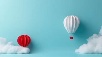 Obraz premium Two paper hot air balloons soar above clouds in serene blue sky