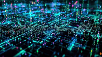 A futuristic digital grid design with neon green and blue lines glowing against a dark background, creating an abstract pattern that seems to move and change with every shift of light.