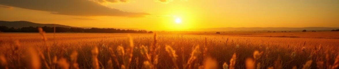Fototapeta premium Golden hour light bathes a vast field, long shadows stretch , orange, meadow, rays