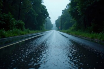 A Wet Road Through a Lush Forest After a Summer Rain