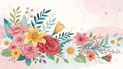 Watercolor Floral Bouquet Composition Roses, Lilies and Daisies, Pink Background, Spring Concept, Floral Illustration Floral Design, Watercolor Painting